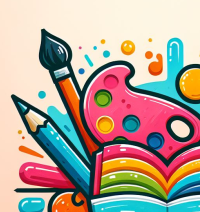 Sección del logo del sitio web donde se observa parte del cuaderno con hojas abiertas. Se ve la paleta de pintar, un lápiz y un pincel.