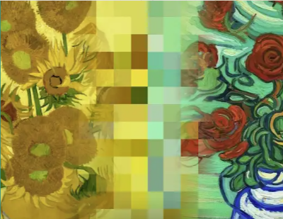 Dos obras de arte; los girasoles de Van Goh y otra con imagen de rosas no reconocible.