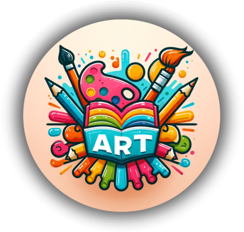 Logo. De forma circular, en su centro se muestra el dibujo de un cuaderno cuya pasta es de color celeste y sus hojas, abiertas, son de diferentes colores; verde, amarillo y rojo suave. Alrededor del cuaderno parecen salir varios elementos relacionados con el arte; pinceles, lápices de color, burbujas de colores y otros diseños más abstractos que completan la composición.