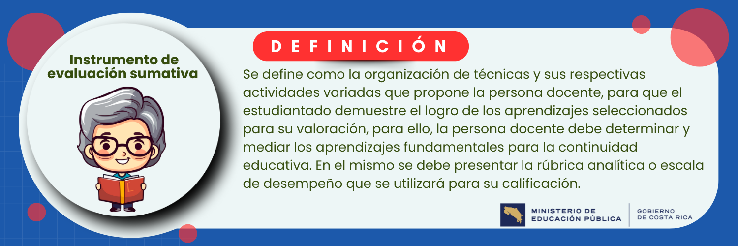 Se define como la organización de técnicas y sus respectivas actividades variadas que propone la persona docente, para que el estudiantado demuestre el logro de los aprendizajes seleccionados para su valoración, para ello, la persona docente debe determinar y mediar los aprendizajes fundamentales para la continuidad educativa. En el mismo se debe presentar la rúbrica analítica o escala de desempeño que se utilizará para su calificación.