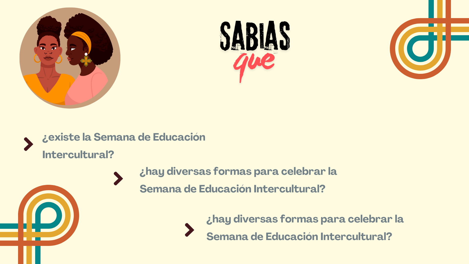 Sabías que:¿existe la Semana de Educación Intercultural?, ¿hay diversas formas para celebrar la Semana de Educación Intercultural?, ¿hay acciones que debemos evitar con la celebración de la Semana de Educación Intercultural?